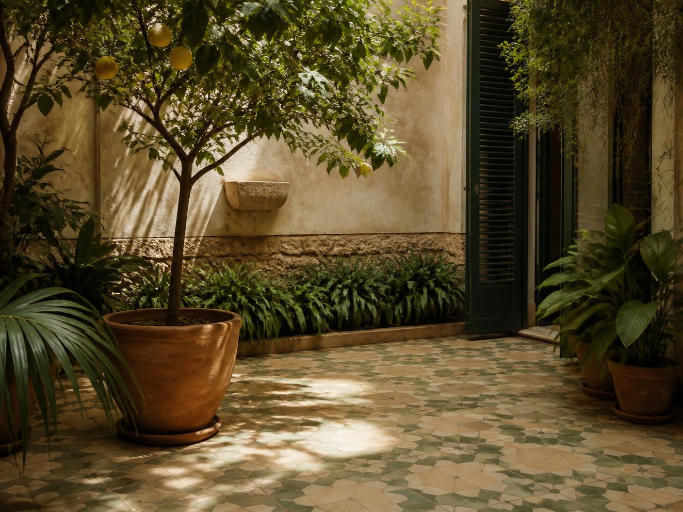 Inner courtyard of a Mallorcan townhouse with sage and sand hydraulic floor tiles and a lemon tree