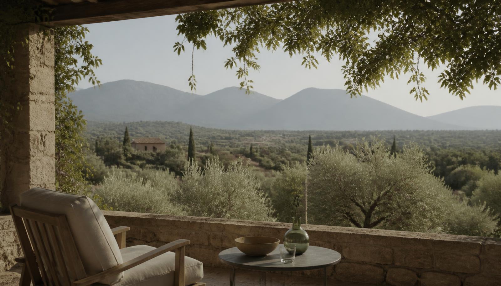 View from a shaded terrace across olive trees towards the Tramuntana mountains